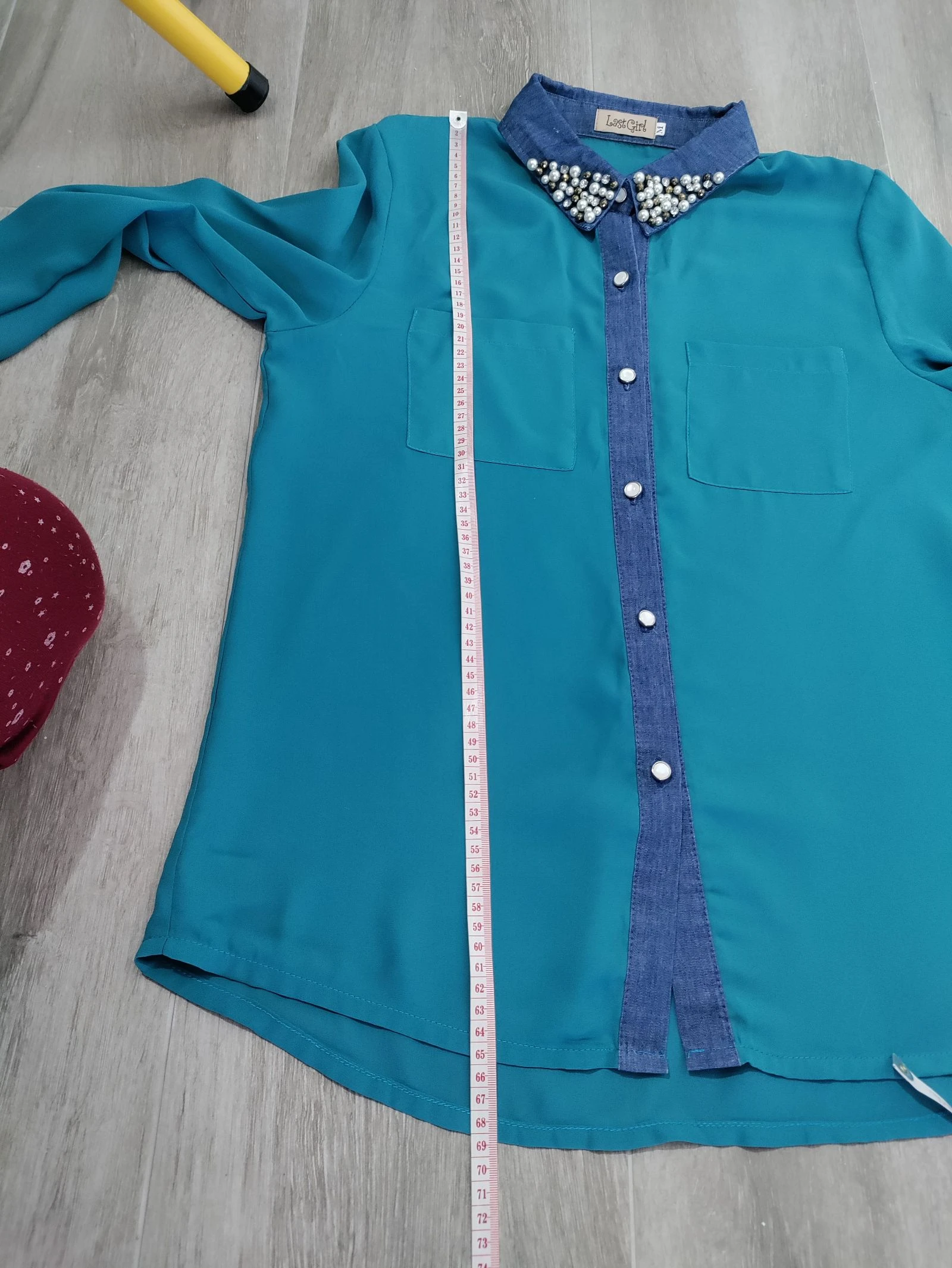 Blusa verde com gola joya 💎 pérolas e denim | tamanho M – photo 15